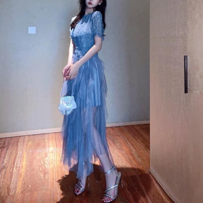 パーティー ワンピース 袖あり ロング丈 エレガント レース チュール レディース ワンピ ドレス フリル 半袖 きれいめ 二次会 セレモニー フェミニン お呼ばれ グレー ベージュ 春 秋 夏 20