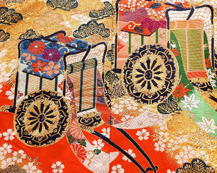 色打掛 正絹 四季花御所車模様 打掛 花嫁衣裳 婚礼 リサイクル 中古 ブライダル ウエディング 着物 e3157