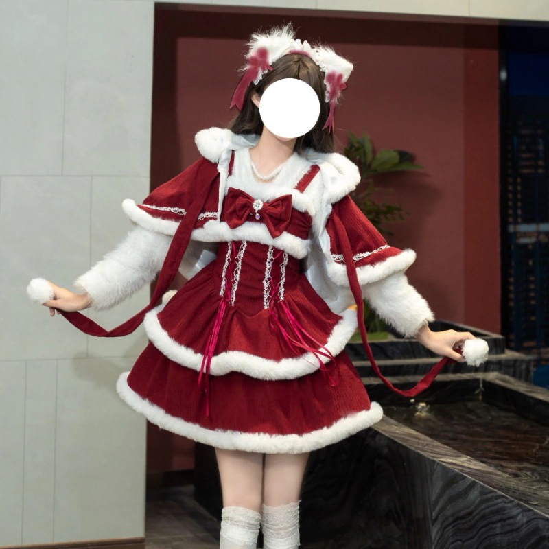 クリスマス衣レディースサンタクロース仮サンタコスプレドレスワンピースセットアップパーティードレスロリータjskケープマントクリスマスウェアコスプレクリスマス衣