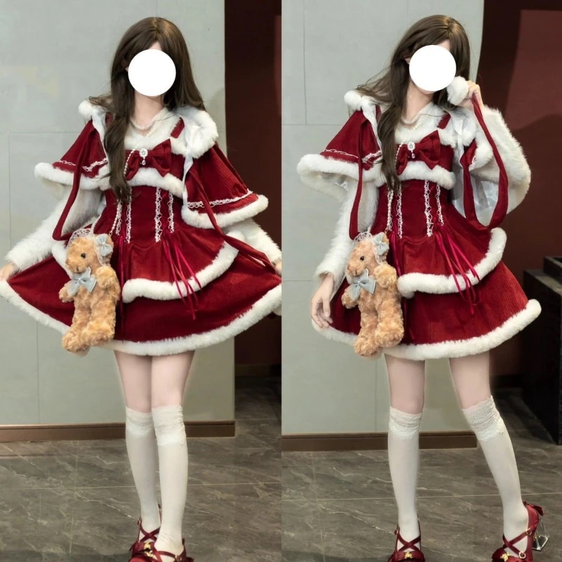 クリスマス衣レディースサンタクロース仮サンタコスプレドレスワンピースセットアップパーティードレスロリータjskケープマントクリスマスウェアコスプレクリスマス衣