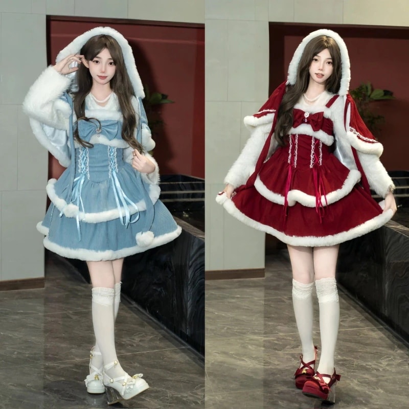クリスマス衣レディースサンタクロース仮サンタコスプレドレスワンピースセットアップパーティードレスロリータjskケープマントクリスマスウェアコスプレクリスマス衣