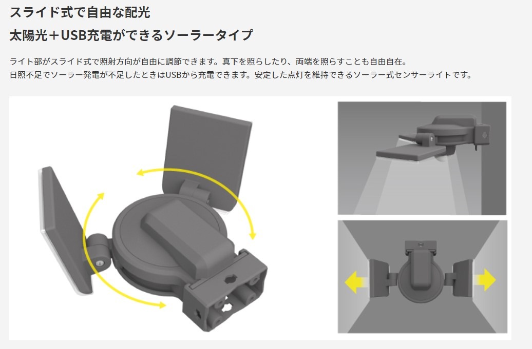 【新定番!超ドコデモ照明シリーズ】防犯 センサーライト 明るさ1200ルーメン S-240L 7.5W×2灯 スライド式LEDソーラーセンサーライト 防雨型 住宅 駐車場 廊下 通路 灯り 空き巣 泥