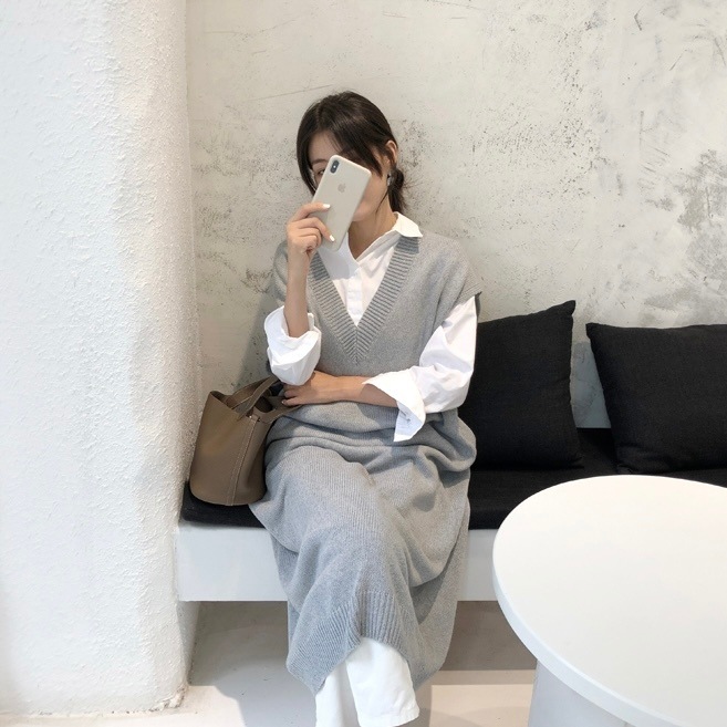 ワンピース プルオーバー シャツワンピース フレアワンピース ロング丈 マキシ丈 アンクル丈 袖あり 七分袖 Vネック スリム 細身 ストレート バットスリーブ ニット 薄手 きれいめ シンプル