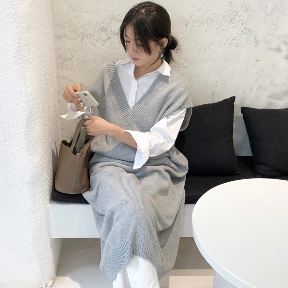 ワンピース プルオーバー シャツワンピース フレアワンピース ロング丈 マキシ丈 アンクル丈 袖あり 七分袖 Vネック スリム 細身 ストレート バットスリーブ ニット 薄手 きれいめ シンプル