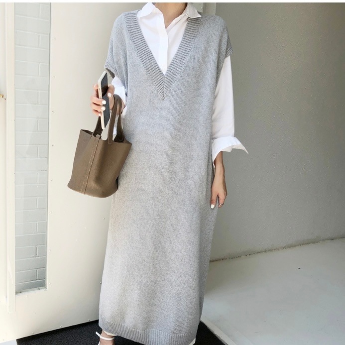 ワンピース プルオーバー シャツワンピース フレアワンピース ロング丈 マキシ丈 アンクル丈 袖あり 七分袖 Vネック スリム 細身 ストレート バットスリーブ ニット 薄手 きれいめ シンプル