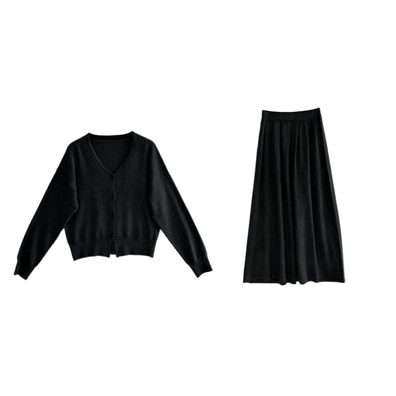 Jiangzuo Black Label シリーズ レイジー スリム ウール スーツ レディース ニット カーディガン + ハイウエスト プリーツ スカート L8328