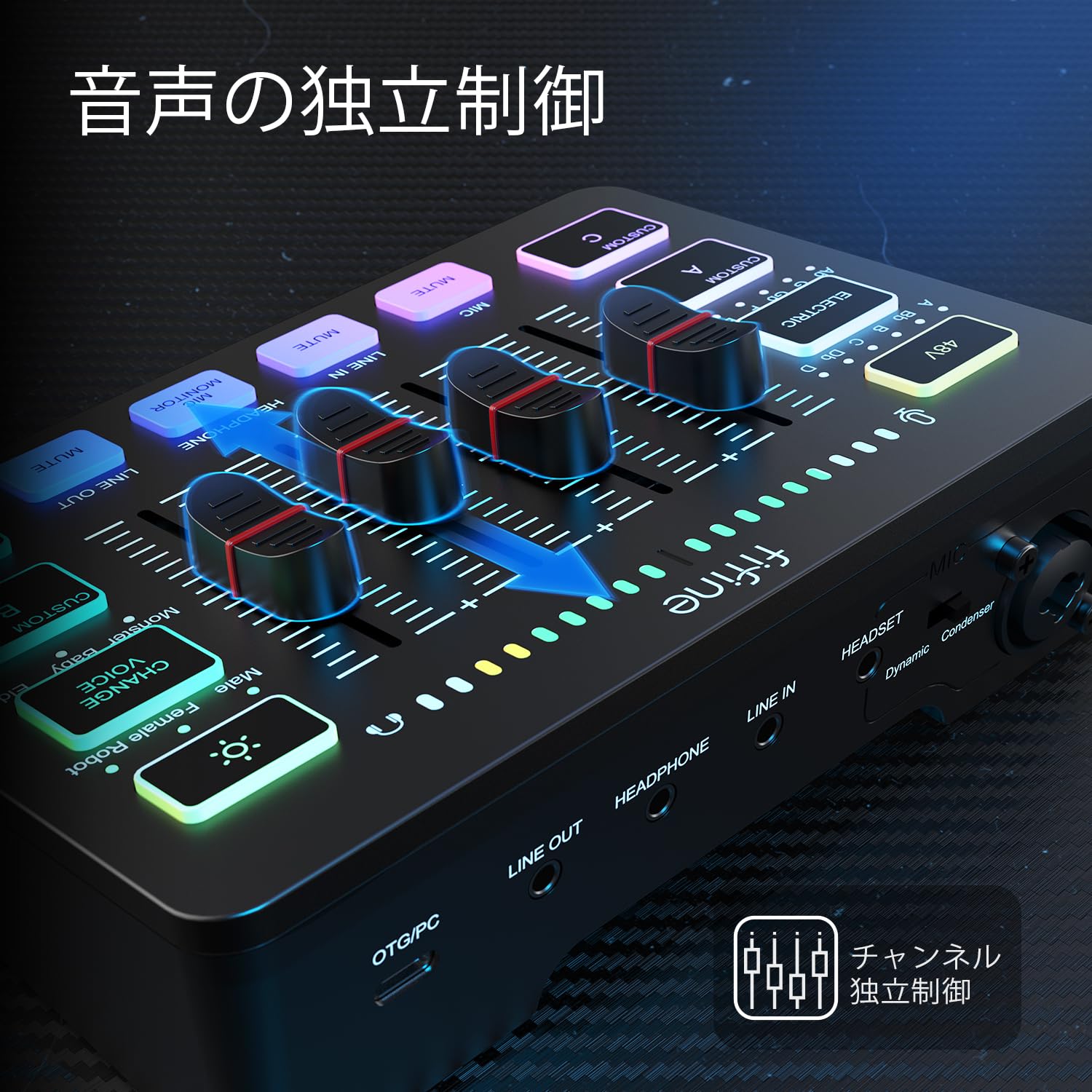 FIFINE ゲーミングオーディオミキサー オーディオインターフェース PC/PS4/PS5対応 ゲーム用オーディオミキサー ポッドキャスト ミキサー RGB機能付き ボイスチェンジャーボタン カスタ