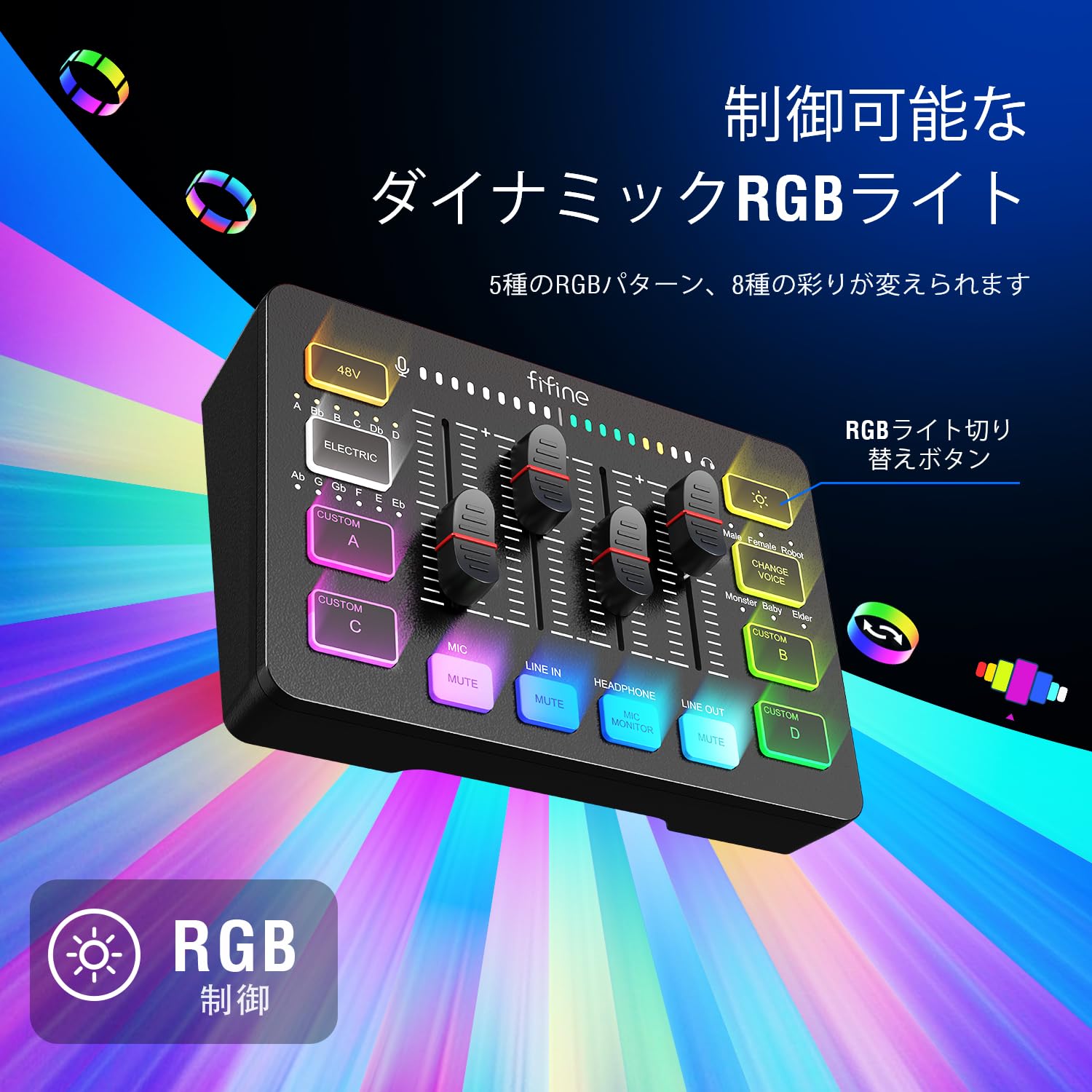 FIFINE ゲーミングオーディオミキサー オーディオインターフェース PC/PS4/PS5対応 ゲーム用オーディオミキサー ポッドキャスト ミキサー RGB機能付き ボイスチェンジャーボタン カスタ