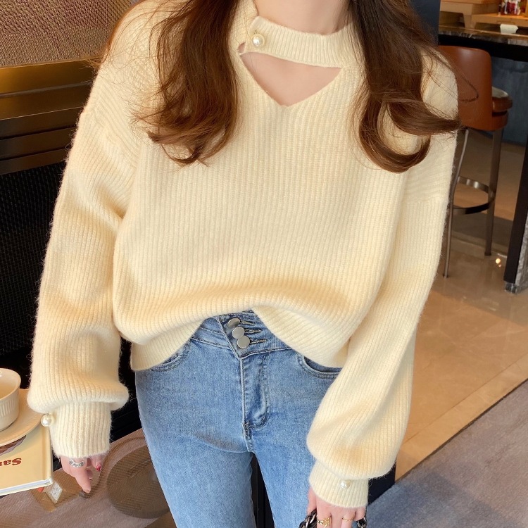 トップス レディース ニット セーター カットアウト デコルテ パール スリット クルーネック ドロップショルダー 長袖 シンプル 無地 カジュアル 伸縮性 かわいい 大人可愛い きれいめ お洒落