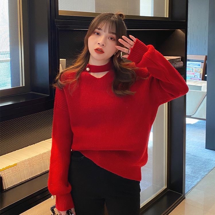 トップス レディース ニット セーター カットアウト デコルテ パール スリット クルーネック ドロップショルダー 長袖 シンプル 無地 カジュアル 伸縮性 かわいい 大人可愛い きれいめ お洒落