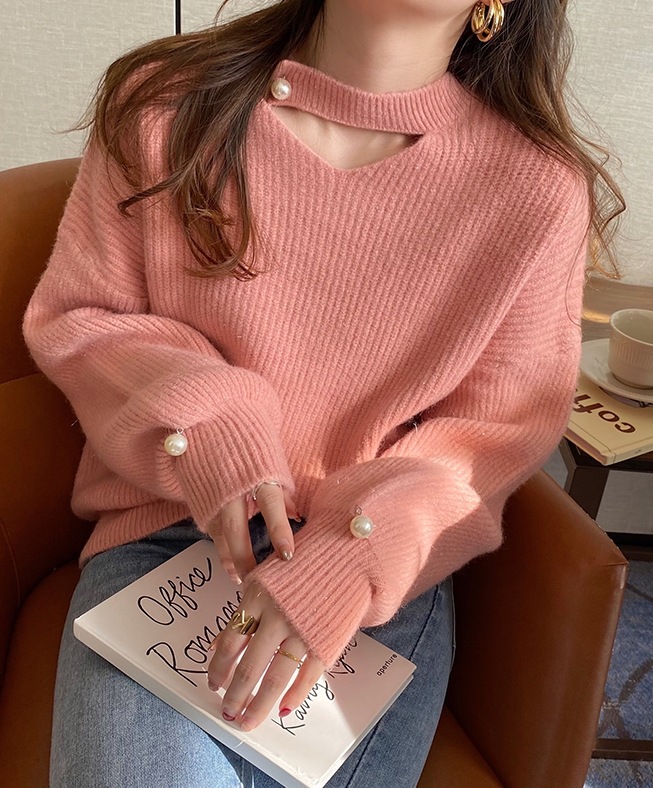 トップス レディース ニット セーター カットアウト デコルテ パール スリット クルーネック ドロップショルダー 長袖 シンプル 無地 カジュアル 伸縮性 かわいい 大人可愛い きれいめ お洒落