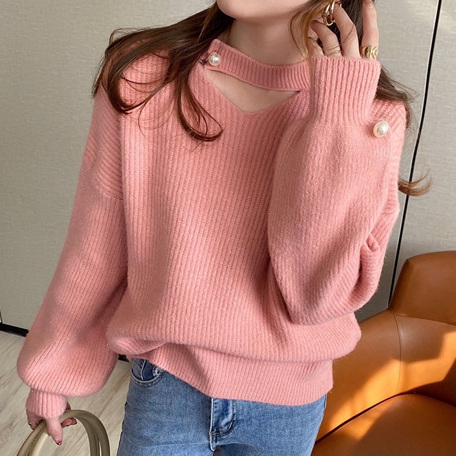 トップス レディース ニット セーター カットアウト デコルテ パール スリット クルーネック ドロップショルダー 長袖 シンプル 無地 カジュアル 伸縮性 かわいい 大人可愛い きれいめ お洒落