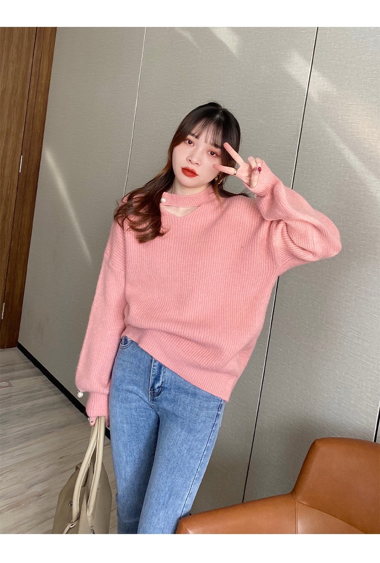 トップス レディース ニット セーター カットアウト デコルテ パール スリット クルーネック ドロップショルダー 長袖 シンプル 無地 カジュアル 伸縮性 かわいい 大人可愛い きれいめ お洒落