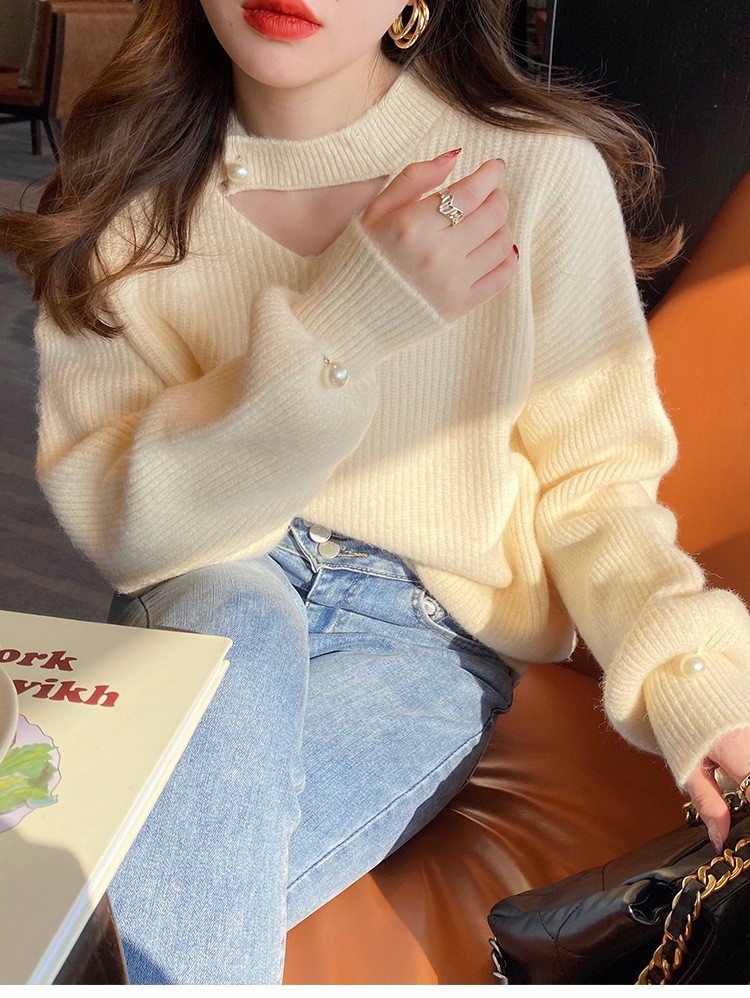 トップス レディース ニット セーター カットアウト デコルテ パール スリット クルーネック ドロップショルダー 長袖 シンプル 無地 カジュアル 伸縮性 かわいい 大人可愛い きれいめ お洒落