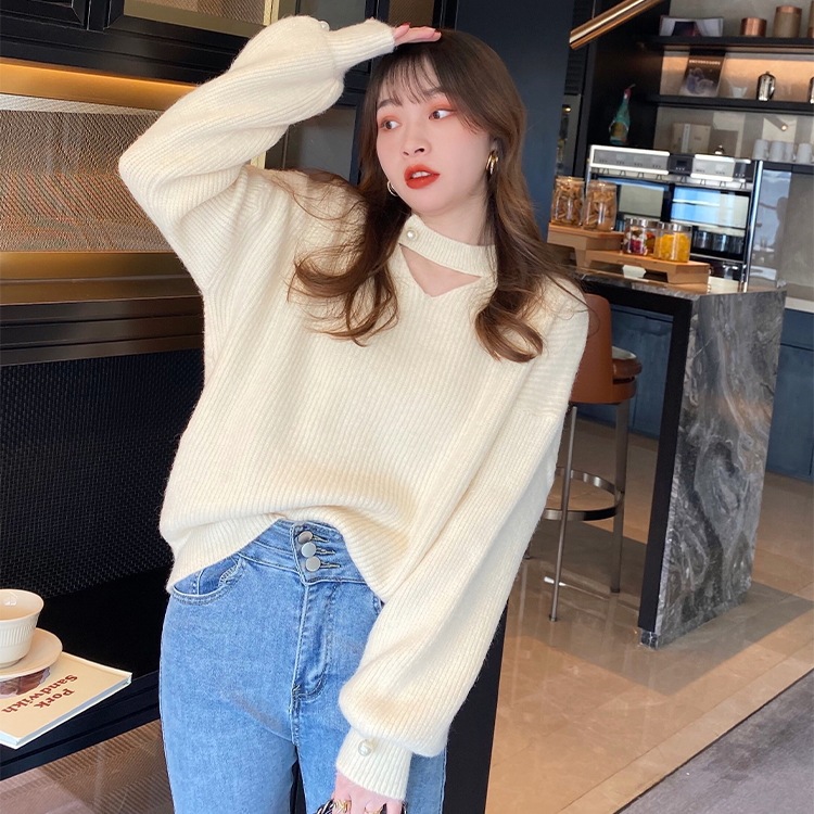 トップス レディース ニット セーター カットアウト デコルテ パール スリット クルーネック ドロップショルダー 長袖 シンプル 無地 カジュアル 伸縮性 かわいい 大人可愛い きれいめ お洒落