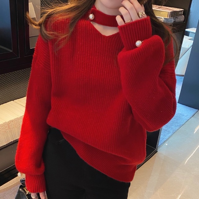 トップス レディース ニット セーター カットアウト デコルテ パール スリット クルーネック ドロップショルダー 長袖 シンプル 無地 カジュアル 伸縮性 かわいい 大人可愛い きれいめ お洒落