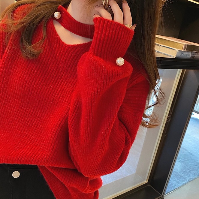 トップス レディース ニット セーター カットアウト デコルテ パール スリット クルーネック ドロップショルダー 長袖 シンプル 無地 カジュアル 伸縮性 かわいい 大人可愛い きれいめ お洒落