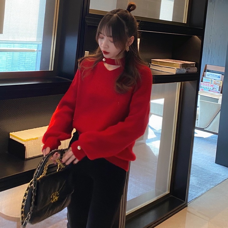 トップス レディース ニット セーター カットアウト デコルテ パール スリット クルーネック ドロップショルダー 長袖 シンプル 無地 カジュアル 伸縮性 かわいい 大人可愛い きれいめ お洒落