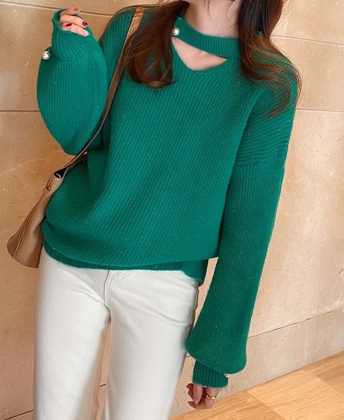 トップス レディース ニット セーター カットアウト デコルテ パール スリット クルーネック ドロップショルダー 長袖 シンプル 無地 カジュアル 伸縮性 かわいい 大人可愛い きれいめ お洒落