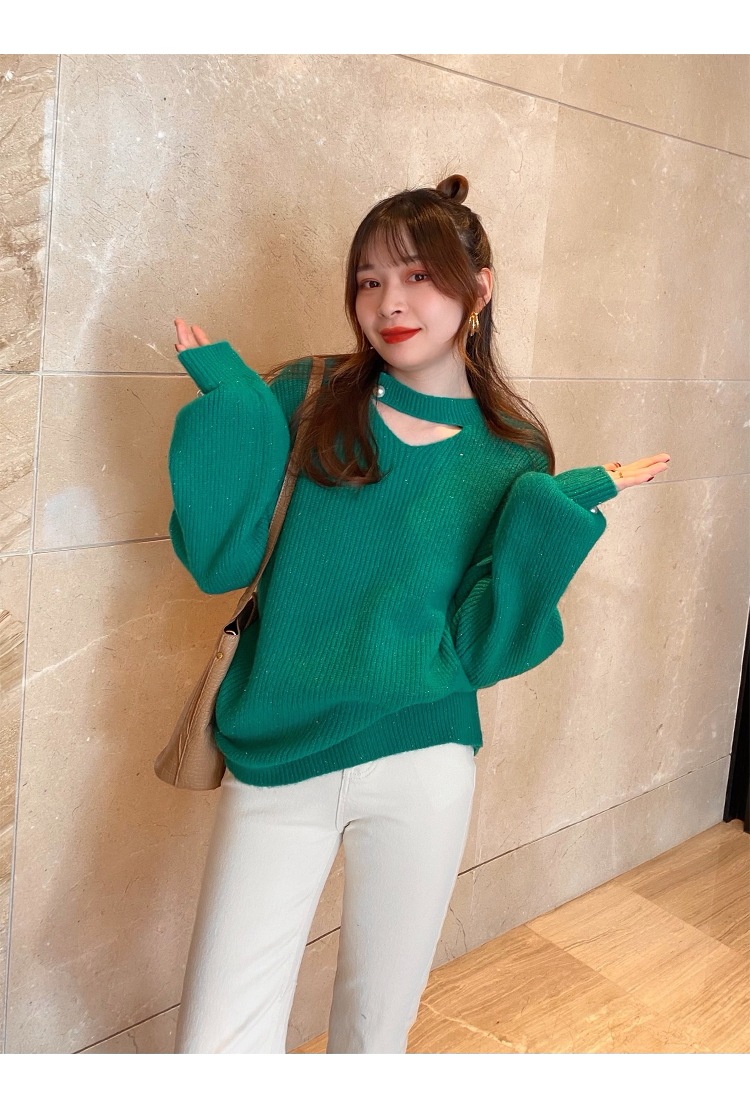 トップス レディース ニット セーター カットアウト デコルテ パール スリット クルーネック ドロップショルダー 長袖 シンプル 無地 カジュアル 伸縮性 かわいい 大人可愛い きれいめ お洒落