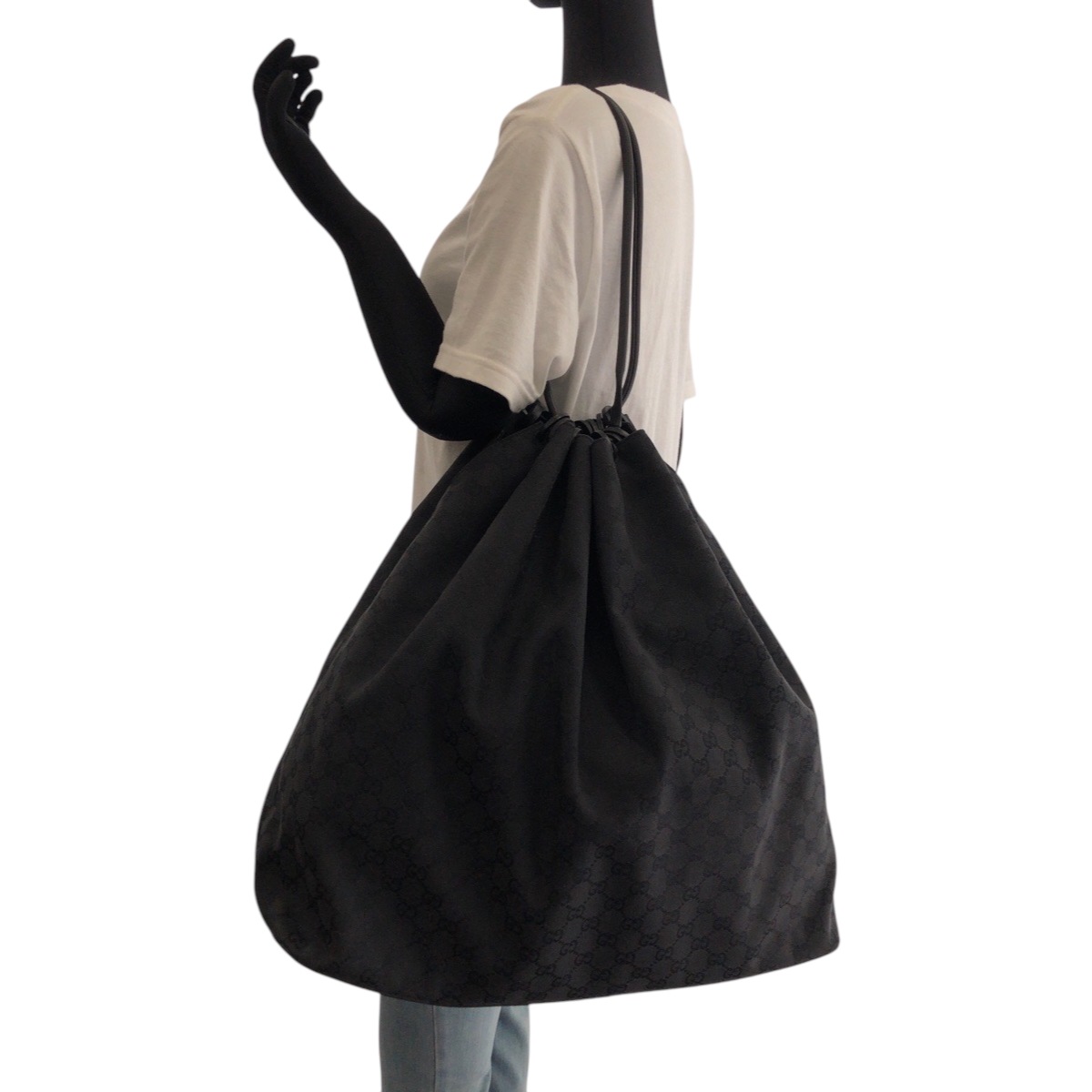 美品 ブラック 黒 ブラック金具 GGキャンバス 91379 巾着 ショルダーバッグ レディース 502469 美品 ブラック 黒 ブラック金具 GGキャンバス 91379 巾着 ショルダーバッグ レディース 502469