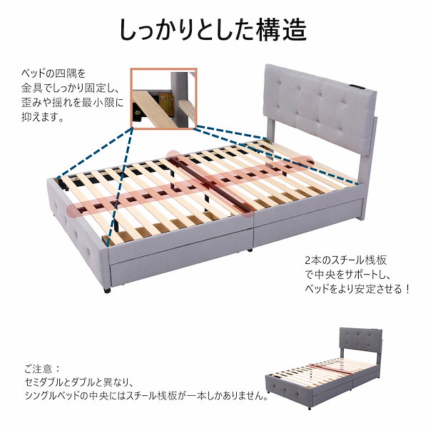 ファブリックベッドセミダブル布貼りベッド木製下収納すのこベッド耐震