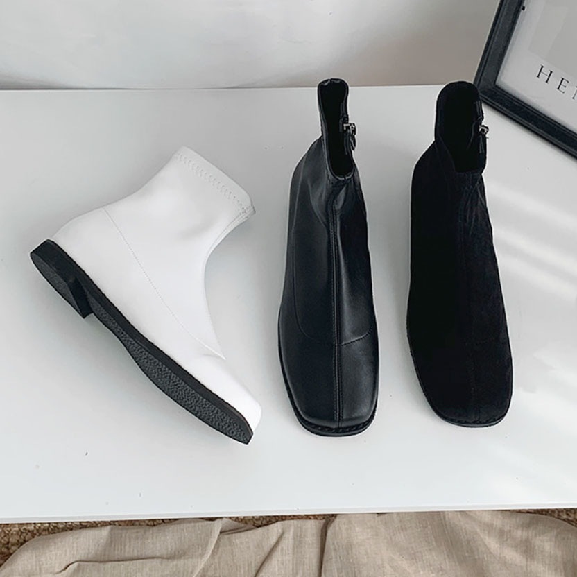 3color ファスナー付きで履き脱ぎ楽ちん. シンプル, ベーシックな雰囲気の 丸いスクエアトゥ PU,フェイクスエード素材 ストレッチ ローヒール ショートブーツ 3color ファスナー付きで履き脱ぎ楽ちん. シンプル, ベーシックな雰囲気の 丸いスクエアトゥ PU,フェイクスエード素材 ストレッチ ローヒール ショートブーツ