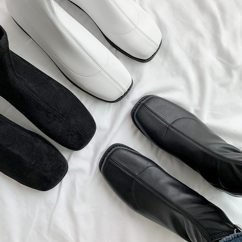 3color ファスナー付きで履き脱ぎ楽ちん. シンプル, ベーシックな雰囲気の 丸いスクエアトゥ PU,フェイクスエード素材 ストレッチ ローヒール ショートブーツ 3color ファスナー付きで履き脱ぎ楽ちん. シンプル, ベーシックな雰囲気の 丸いスクエアトゥ PU,フェイクスエード素材 ストレッチ ローヒール ショートブーツ