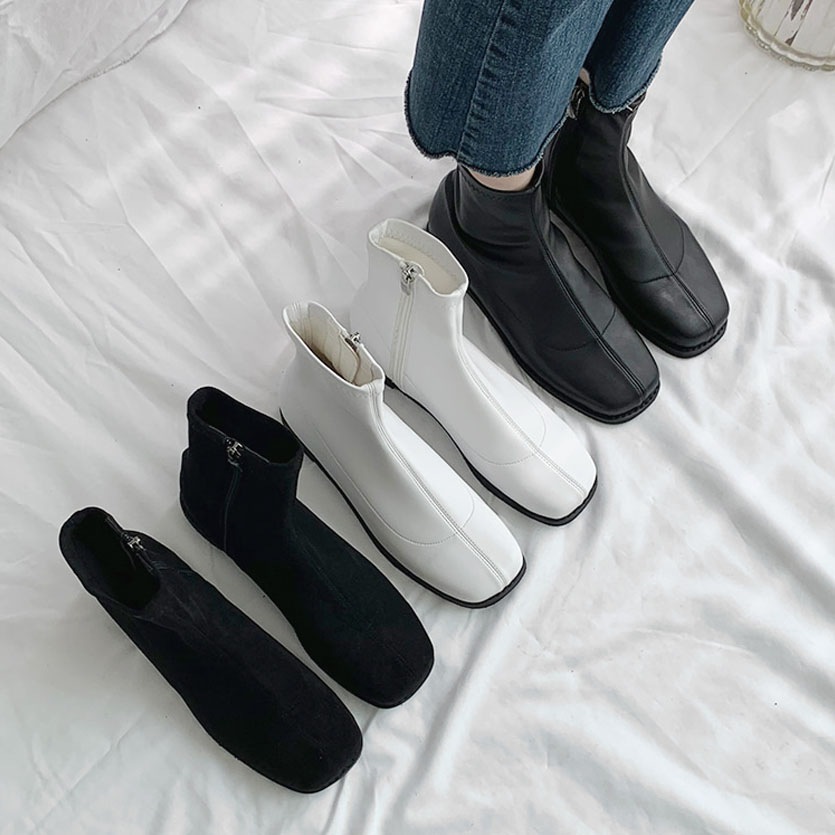 3color ファスナー付きで履き脱ぎ楽ちん. シンプル, ベーシックな雰囲気の 丸いスクエアトゥ PU,フェイクスエード素材 ストレッチ ローヒール ショートブーツ 3color ファスナー付きで履き脱ぎ楽ちん. シンプル, ベーシックな雰囲気の 丸いスクエアトゥ PU,フェイクスエード素材 ストレッチ ローヒール ショートブーツ