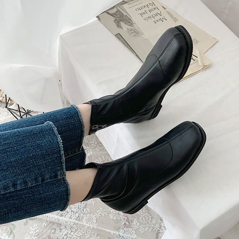 3color ファスナー付きで履き脱ぎ楽ちん. シンプル, ベーシックな雰囲気の 丸いスクエアトゥ PU,フェイクスエード素材 ストレッチ ローヒール ショートブーツ 3color ファスナー付きで履き脱ぎ楽ちん. シンプル, ベーシックな雰囲気の 丸いスクエアトゥ PU,フェイクスエード素材 ストレッチ ローヒール ショートブーツ