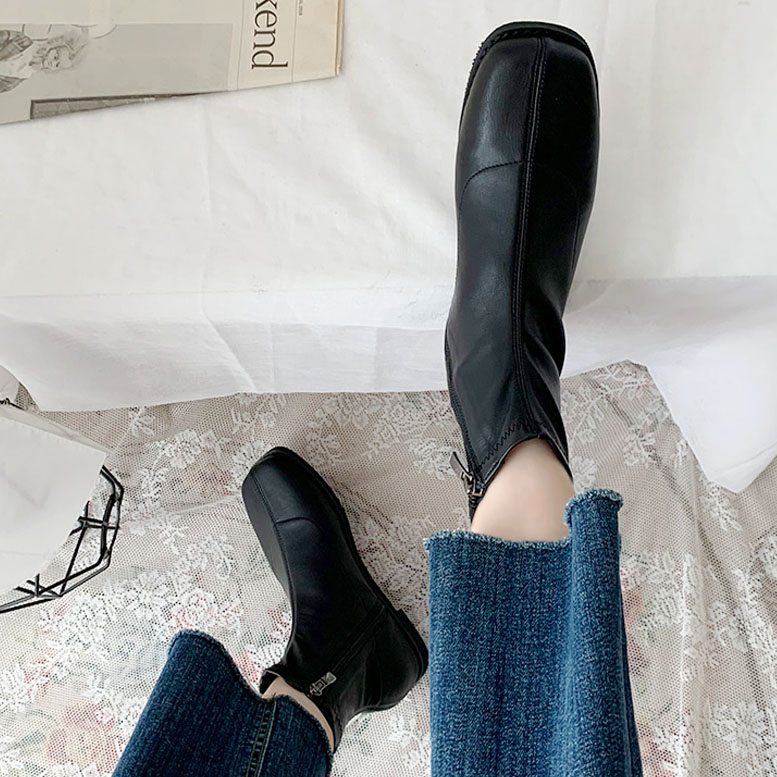 3color ファスナー付きで履き脱ぎ楽ちん. シンプル, ベーシックな雰囲気の 丸いスクエアトゥ PU,フェイクスエード素材 ストレッチ ローヒール ショートブーツ 3color ファスナー付きで履き脱ぎ楽ちん. シンプル, ベーシックな雰囲気の 丸いスクエアトゥ PU,フェイクスエード素材 ストレッチ ローヒール ショートブーツ