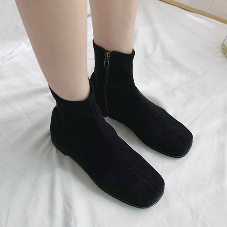 3color ファスナー付きで履き脱ぎ楽ちん. シンプル, ベーシックな雰囲気の 丸いスクエアトゥ PU,フェイクスエード素材 ストレッチ ローヒール ショートブーツ 3color ファスナー付きで履き脱ぎ楽ちん. シンプル, ベーシックな雰囲気の 丸いスクエアトゥ PU,フェイクスエード素材 ストレッチ ローヒール ショートブーツ