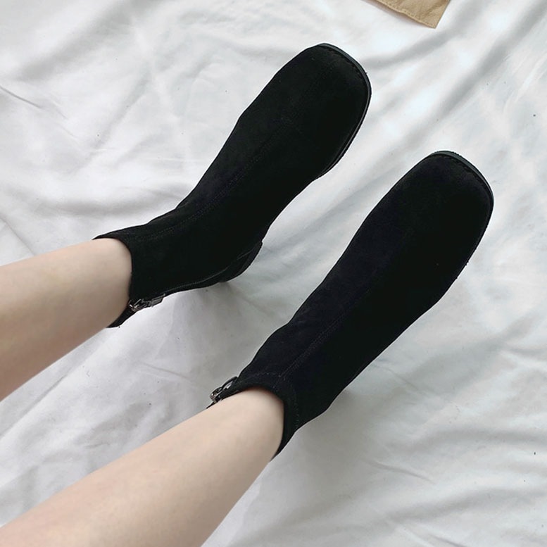 3color ファスナー付きで履き脱ぎ楽ちん. シンプル, ベーシックな雰囲気の 丸いスクエアトゥ PU,フェイクスエード素材 ストレッチ ローヒール ショートブーツ 3color ファスナー付きで履き脱ぎ楽ちん. シンプル, ベーシックな雰囲気の 丸いスクエアトゥ PU,フェイクスエード素材 ストレッチ ローヒール ショートブーツ