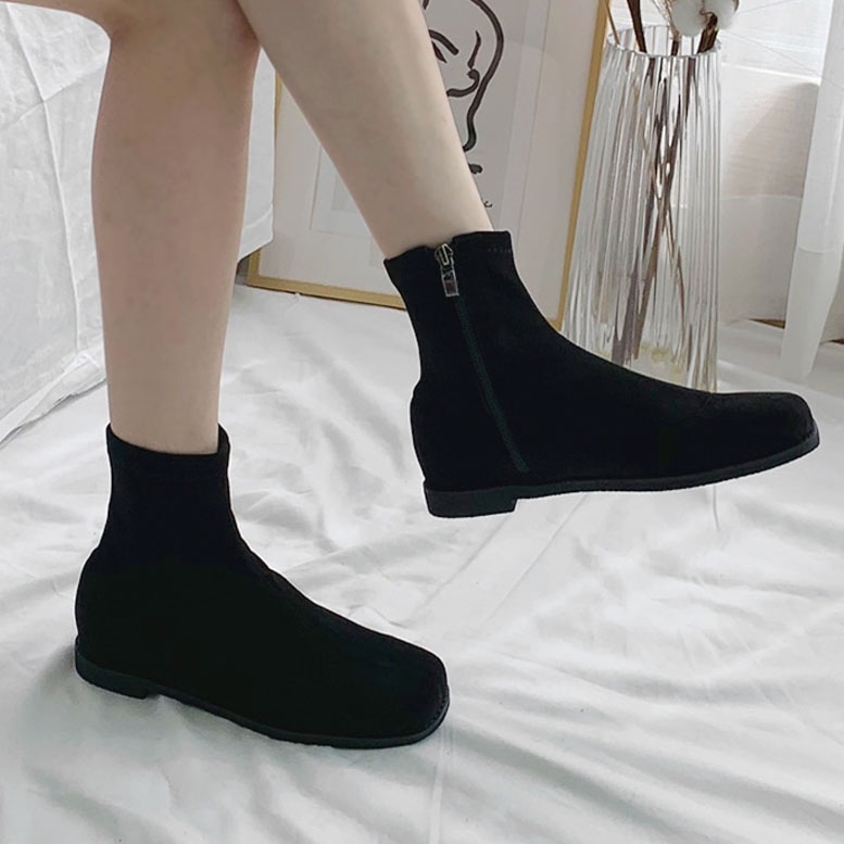 3color ファスナー付きで履き脱ぎ楽ちん. シンプル, ベーシックな雰囲気の 丸いスクエアトゥ PU,フェイクスエード素材 ストレッチ ローヒール ショートブーツ 3color ファスナー付きで履き脱ぎ楽ちん. シンプル, ベーシックな雰囲気の 丸いスクエアトゥ PU,フェイクスエード素材 ストレッチ ローヒール ショートブーツ