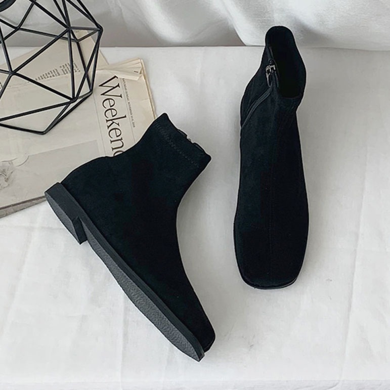 3color ファスナー付きで履き脱ぎ楽ちん. シンプル, ベーシックな雰囲気の 丸いスクエアトゥ PU,フェイクスエード素材 ストレッチ ローヒール ショートブーツ 3color ファスナー付きで履き脱ぎ楽ちん. シンプル, ベーシックな雰囲気の 丸いスクエアトゥ PU,フェイクスエード素材 ストレッチ ローヒール ショートブーツ