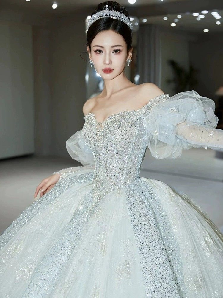 ブルー ワンショルダー ウェディングドレス 2025 花嫁 質感 プチトレーリング主糸