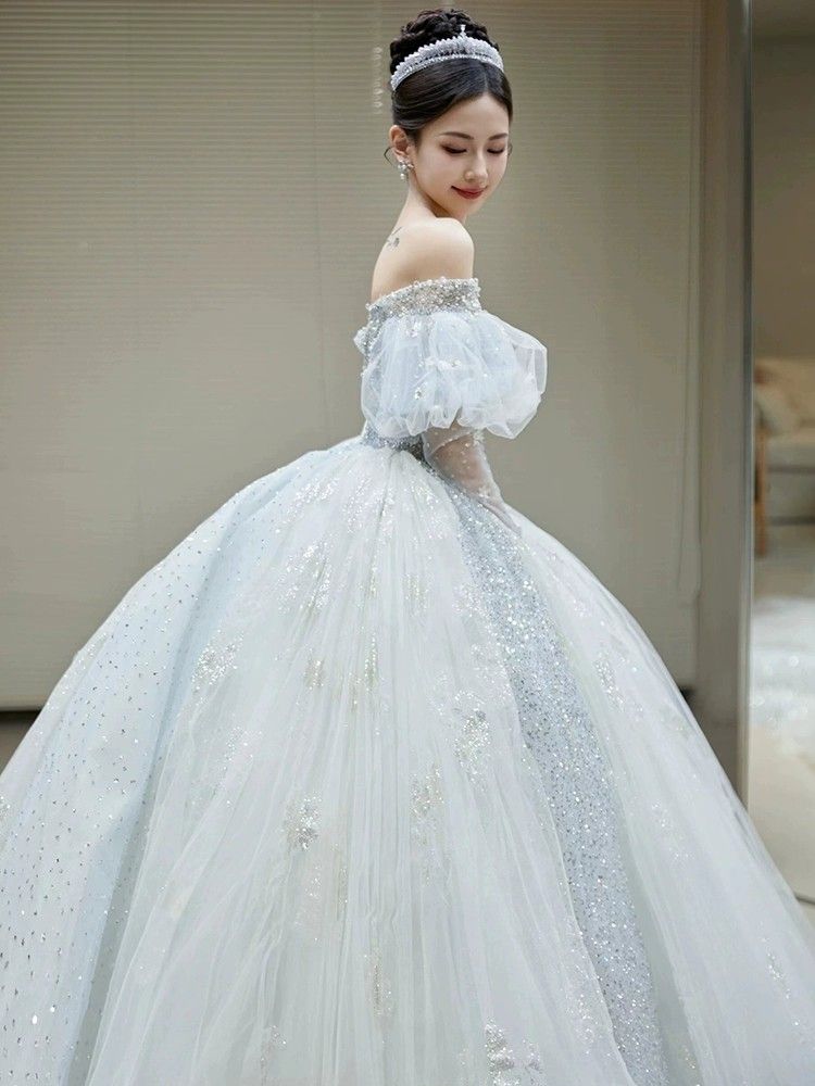 ブルー ワンショルダー ウェディングドレス 2025 花嫁 質感 プチトレーリング主糸