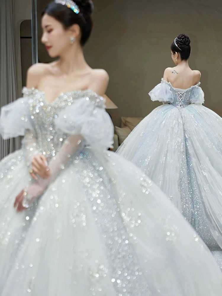 ブルー ワンショルダー ウェディングドレス 2025 花嫁 質感 プチトレーリング主糸