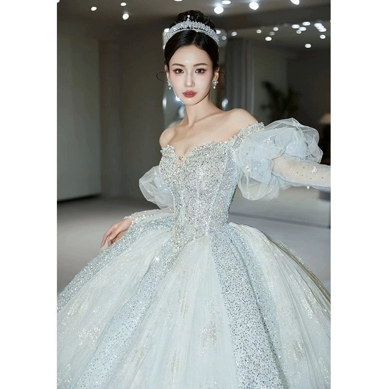 ブルー ワンショルダー ウェディングドレス 2025 花嫁 質感 プチトレーリング主糸