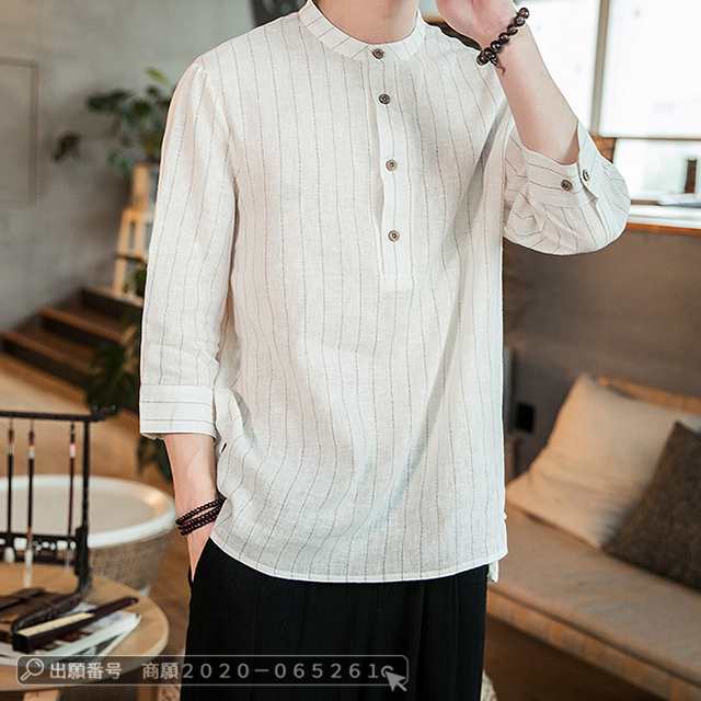 最安挑戦 春新作 送料無料 新作 シャツ メンズ シャツ リネンシャツ 綿麻 立襟 春 夏 爽やか メンズ トップス 七分袖 カジュアルシャツ 無地 ストライプ ビジネス おしゃれ かっこいい 夏服