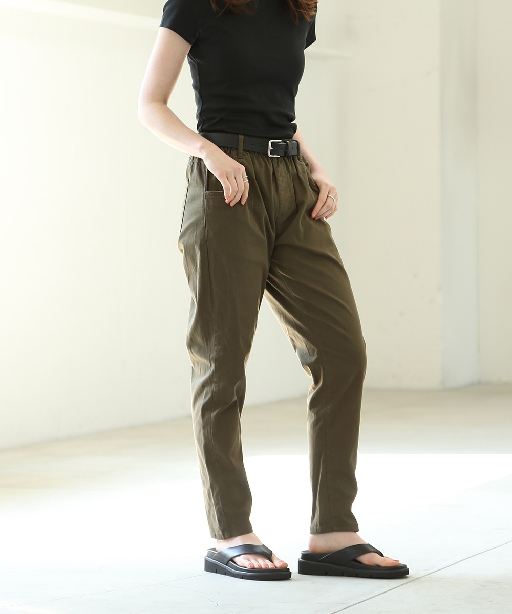 ウエストゴムテーパードツイルパンツ レディース デニムパンツ パンツ ジーンズ ボトムス 体型カバー 細見せ 美脚 ロング コットン 綿100 大人 無地 カジュアル テーパード 春夏秋冬