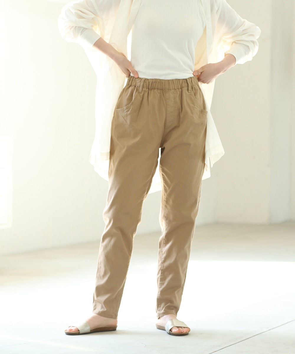 ウエストゴムテーパードツイルパンツ レディース デニムパンツ パンツ ジーンズ ボトムス 体型カバー 細見せ 美脚 ロング コットン 綿100 大人 無地 カジュアル テーパード 春夏秋冬