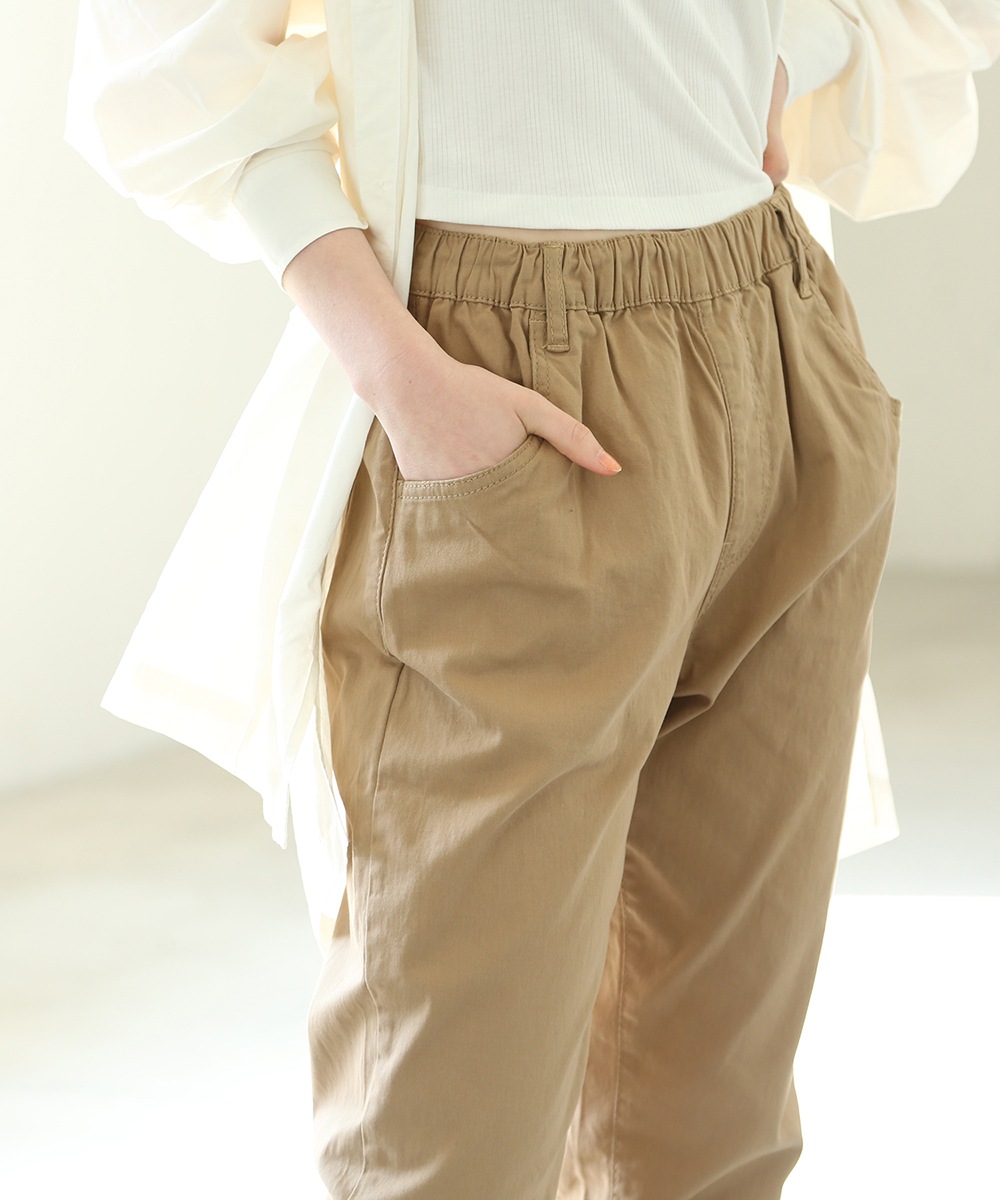 ウエストゴムテーパードツイルパンツ レディース デニムパンツ パンツ ジーンズ ボトムス 体型カバー 細見せ 美脚 ロング コットン 綿100 大人 無地 カジュアル テーパード 春夏秋冬