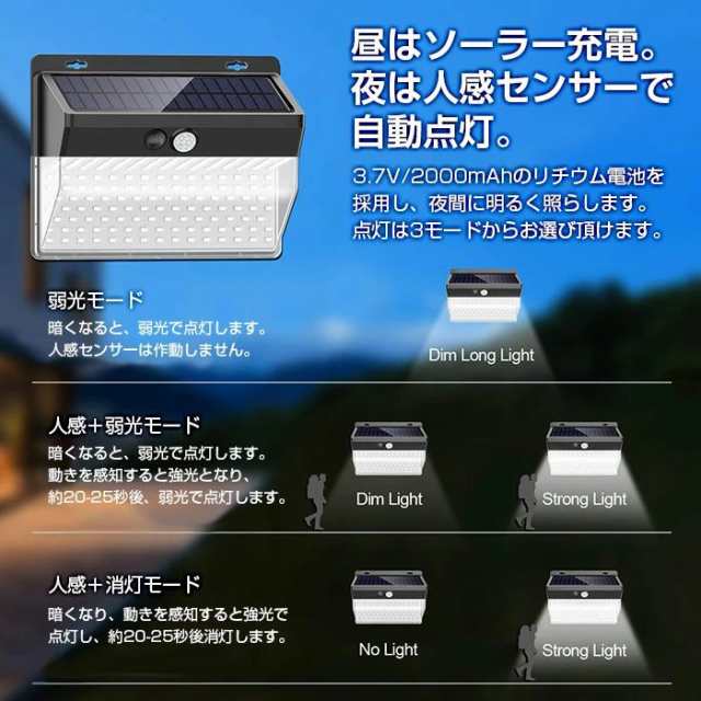 4個セット 206LED ソーラーライト ウォールライト 人感 センサーライト PIRモーションセンサー 夜間自動点灯 IP65防水 太陽光充電 屋外 壁 ALW-AXW-W02206-4SET_2