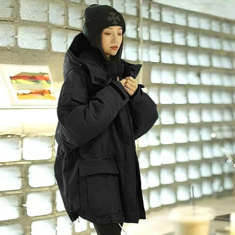 アウターダウンジャケットコート厚手ジャケット 流行り フード付き こうぐふう 裹起毛厚手 韓国版はデザイン感がゆったりしている セミロング 冬新作日系ダウンコットンジャケット 百掛け 快適 コーデ