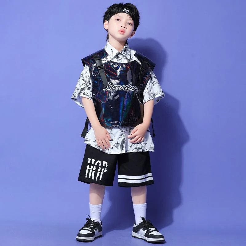 子供の街のダンスのファッション服の男の子の明るい黒い馬甲の夏の演出服のスーツの子供のヒップホップのhiphopの演出服