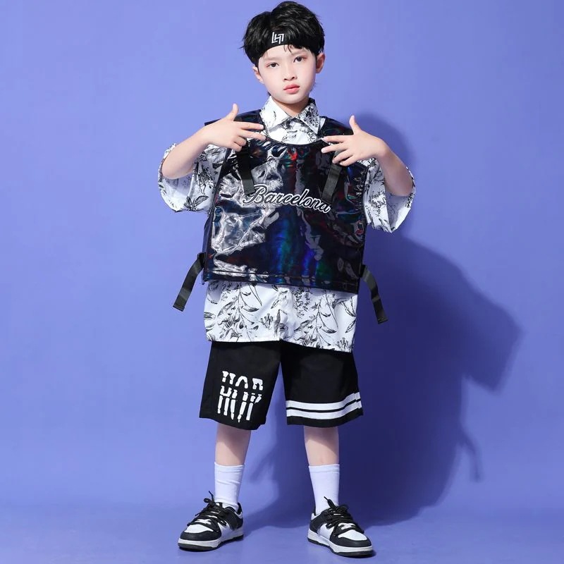 子供の街のダンスのファッション服の男の子の明るい黒い馬甲の夏の演出服のスーツの子供のヒップホップのhiphopの演出服