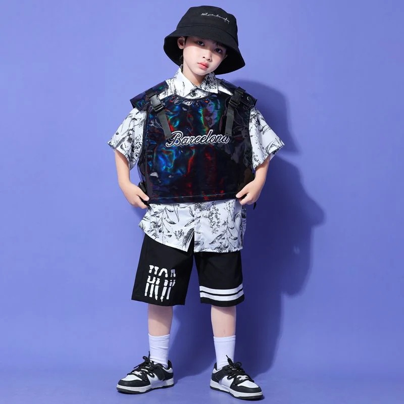 子供の街のダンスのファッション服の男の子の明るい黒い馬甲の夏の演出服のスーツの子供のヒップホップのhiphopの演出服