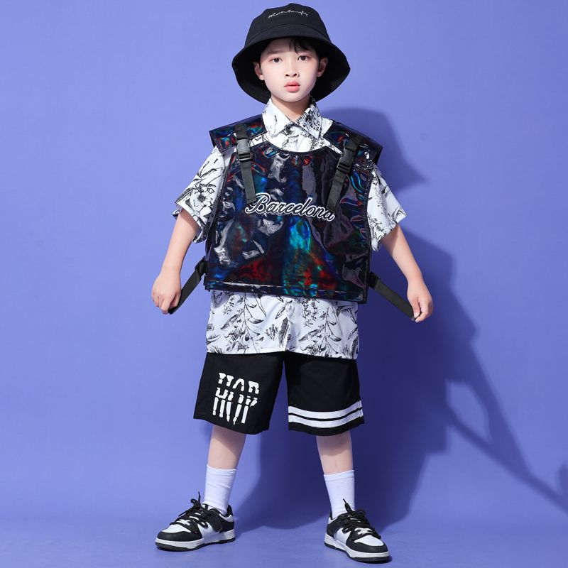 子供の街のダンスのファッション服の男の子の明るい黒い馬甲の夏の演出服のスーツの子供のヒップホップのhiphopの演出服