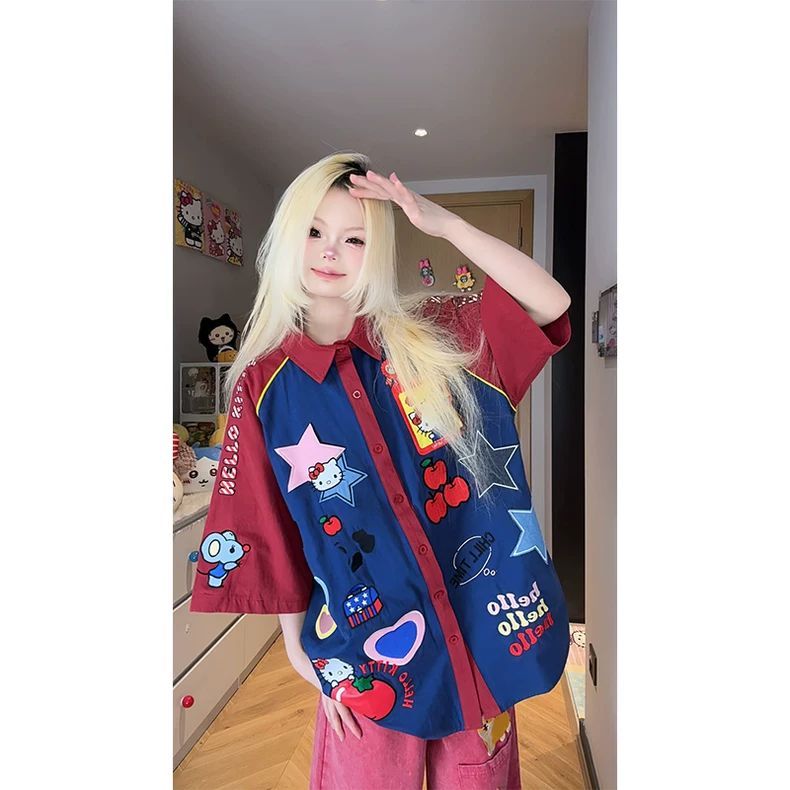 凛可爱い小众レトロ子供趣味可爱い漫画刺繍半袖シャツ色合わせ肩袖ゆったりシャツ女